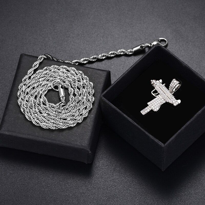 925 Sterling Silver Pendant Submachine Gun Necklace Zirconia