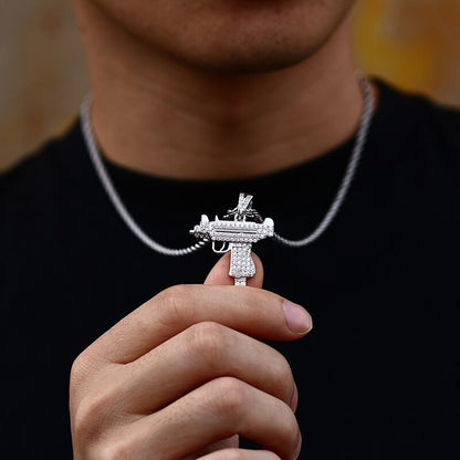 925 Sterling Silver Pendant Submachine Gun Necklace Zirconia