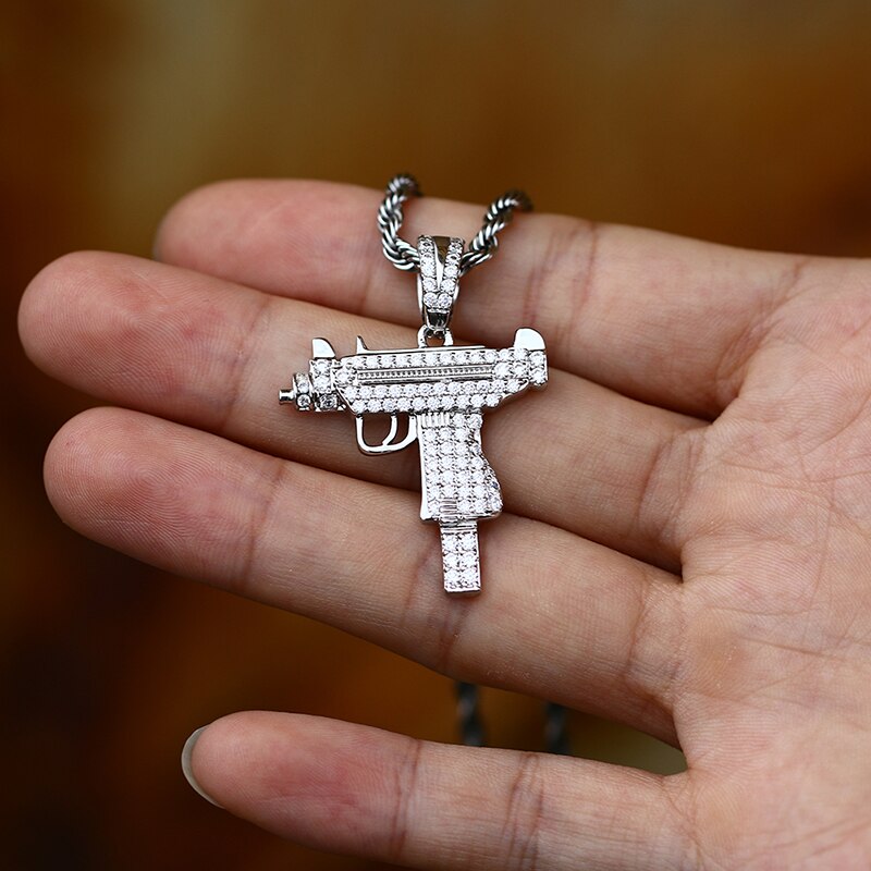 925 Sterling Silver Pendant Submachine Gun Necklace Zirconia